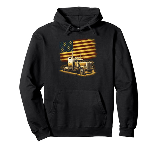 American Flag Trucker Dad Big Rig Hoodie - Fun Novelty Design Men Women - T-Shirt, Sweatshirt, Hoodie