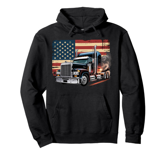 American Flag Trucker Dad Big Rig Hoodie - Novelty Apparel Men Women - T-Shirt, Sweatshirt, Hoodie