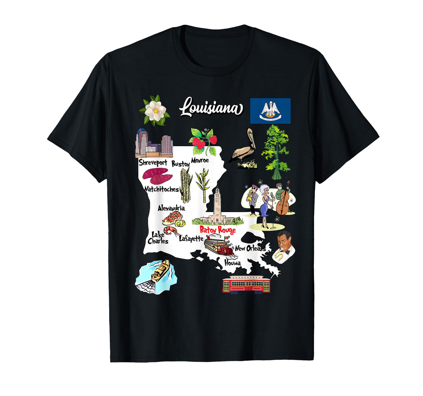 Illustrated Map Louisiana Usa Cities T-Shirt - Novelty Apparel for Adults - T-Shirt, Sweatshirt, Hoodie