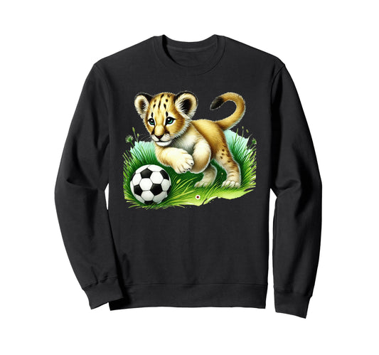 Adorable Lion Cub Kicking Soccer Ball Sweatshirt - Graphic Print Unisex - T-Shirt, Sweatshirt, Hoodie