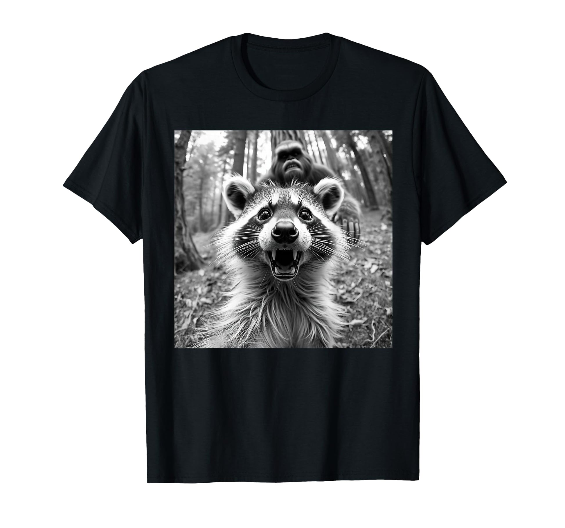 Funny Raccoon Selfie W Bigfoot Raccoon T-Shirt - Graphic Print Unisex - T-Shirt, Sweatshirt, Hoodie