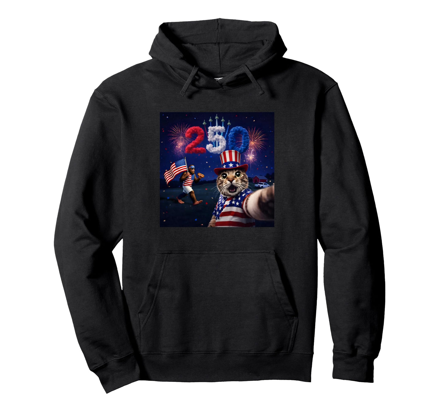 Patriotic Cat Selfie Bigfoot 250Th Hoodie - Unique Graphic Unisex - T-Shirt, Sweatshirt, Hoodie