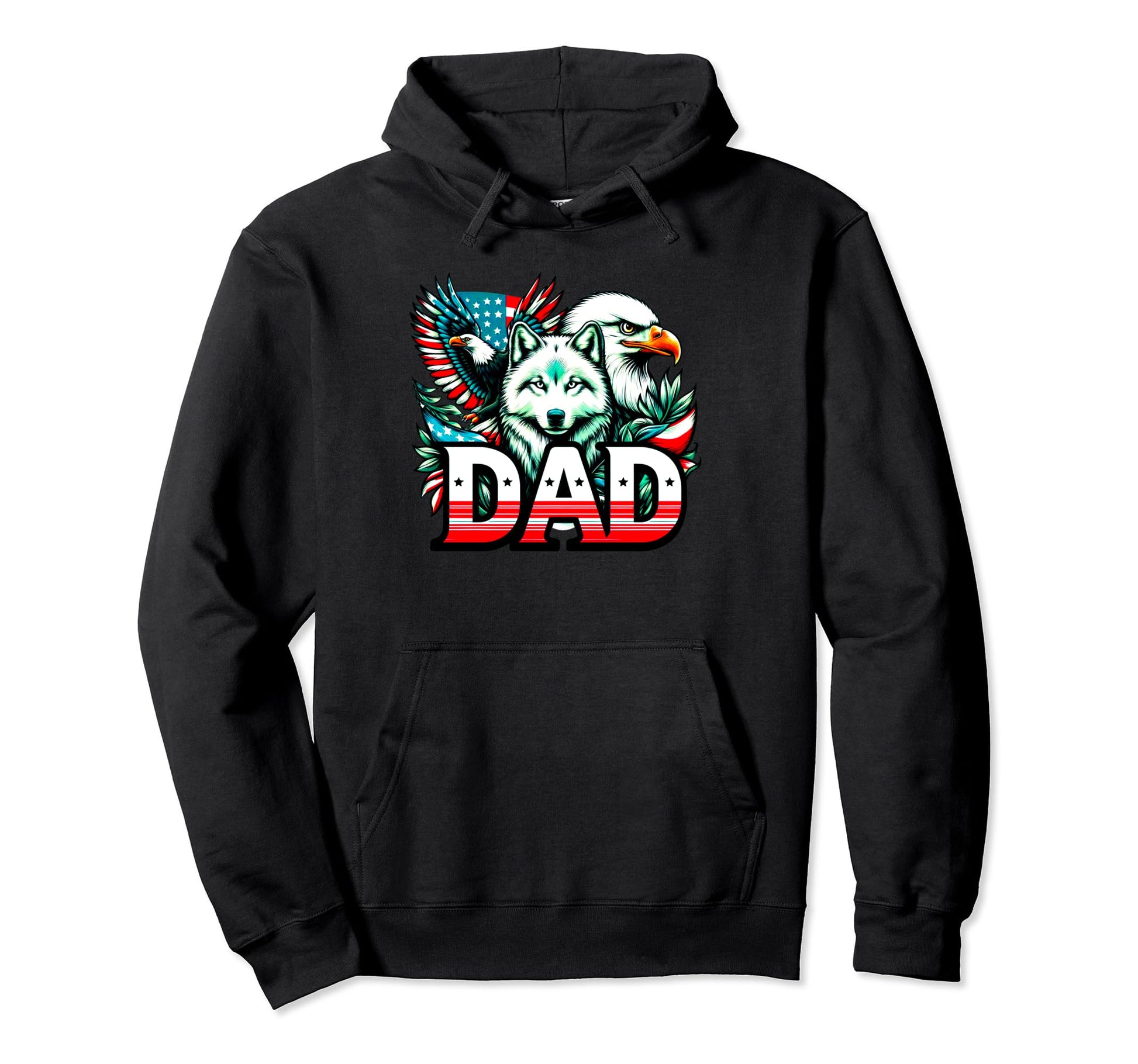 Dad Wolf Bald Eagle American Flag Hoodie - Unique Graphic Men Women - T-Shirt, Sweatshirt, Hoodie
