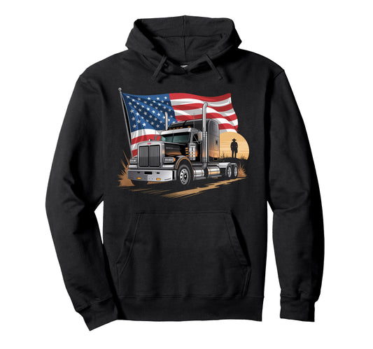 American Flag Trucker Dad Big Rig Trailer Hoodie - Unique Graphic Unisex - T-Shirt, Sweatshirt, Hoodie