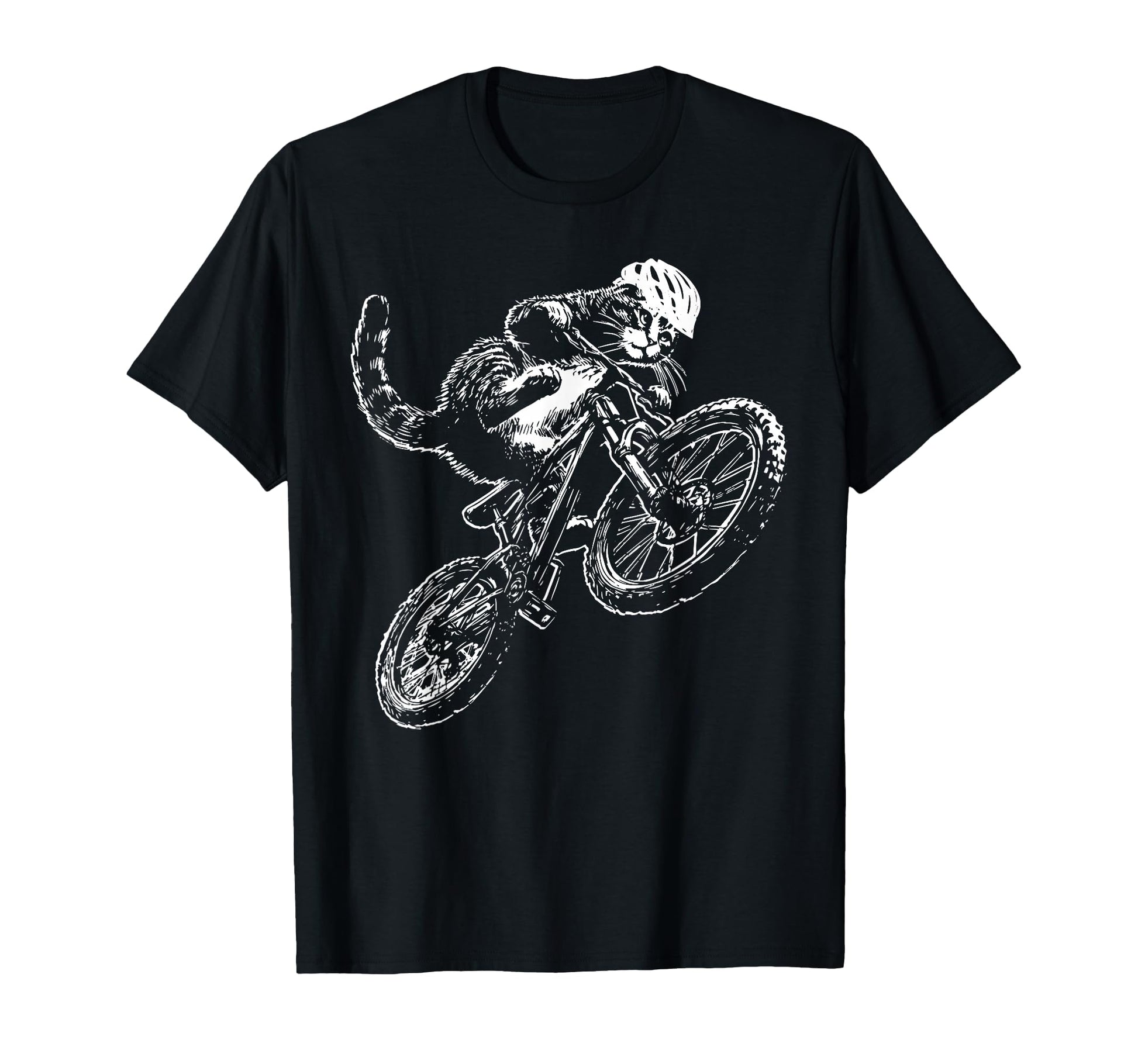 Cat Riding Bicycle Helmet Mountain T-Shirt - Custom Art Print for Adults - T-Shirt, Sweatshirt, Hoodie