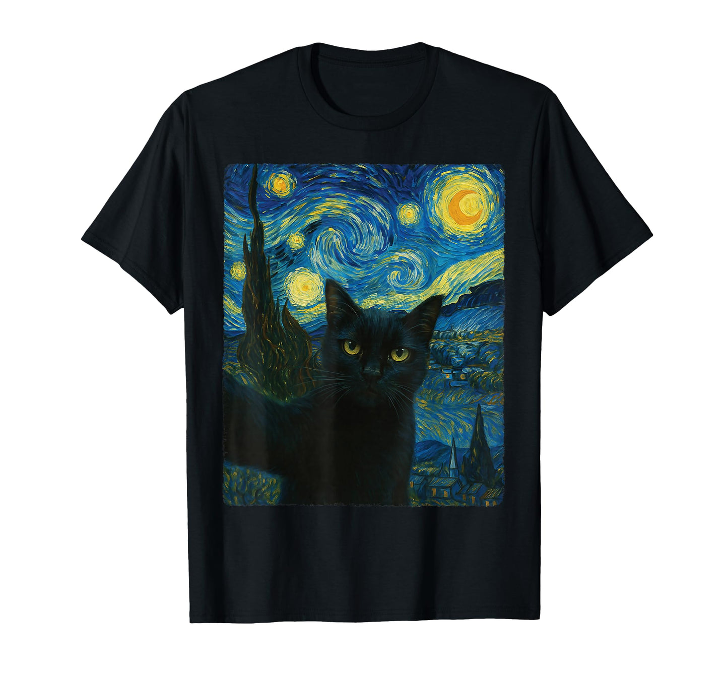 Black Cat Starry Night Van Gogh Cat T-Shirt - Aesthetic Graphic for Adults - T-Shirt, Sweatshirt, Hoodie