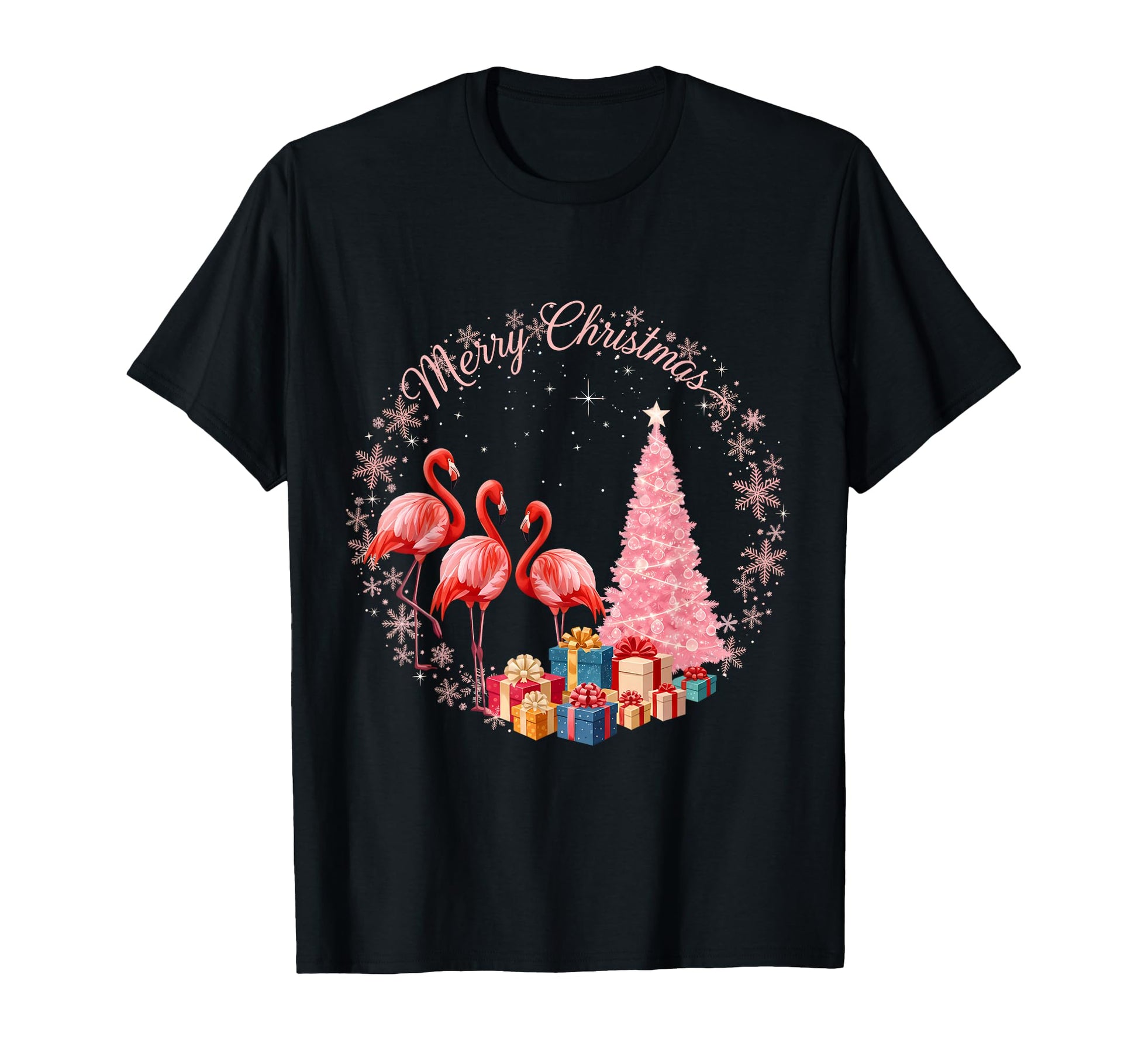 Flamingo Light Snow Hat Santa Merry T-Shirt - Trendy Graphic Unisex - T-Shirt, Sweatshirt, Hoodie