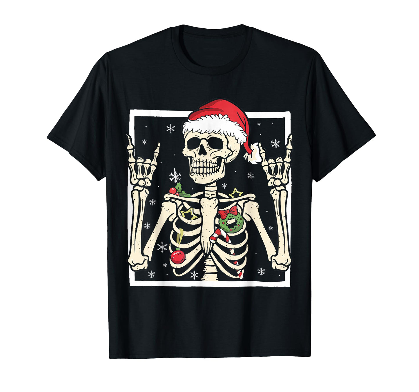 Rocker Skeleton Santa Hat Punk Rock T-Shirt - Custom Art Print Unisex - T-Shirt, Sweatshirt, Hoodie