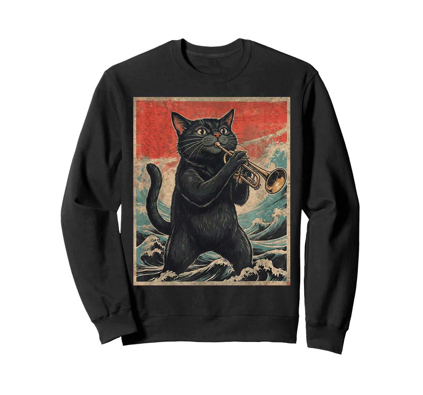 Cat Playing Trumpet Cat Animal Sweatshirt - Custom Art Print for Adults - T-Shirt, Sweatshirt, Hoodie