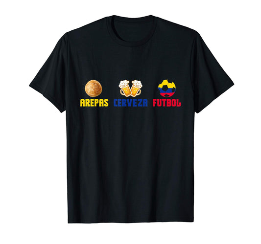 Arepas Cerveza Futbol Colombia Flag T-Shirt - Casual Everyday Wear Unisex - T-Shirt, Sweatshirt, Hoodie
