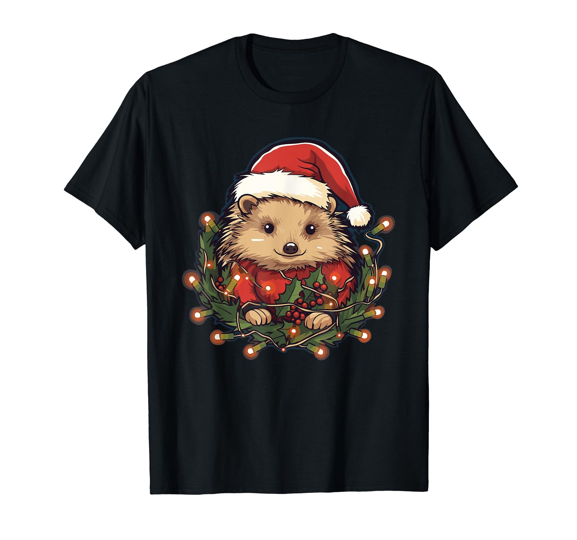 Hedgehog Lights Santa Hat Pajama T-Shirt - Minimalist Print Men Women - T-Shirt, Sweatshirt, Hoodie