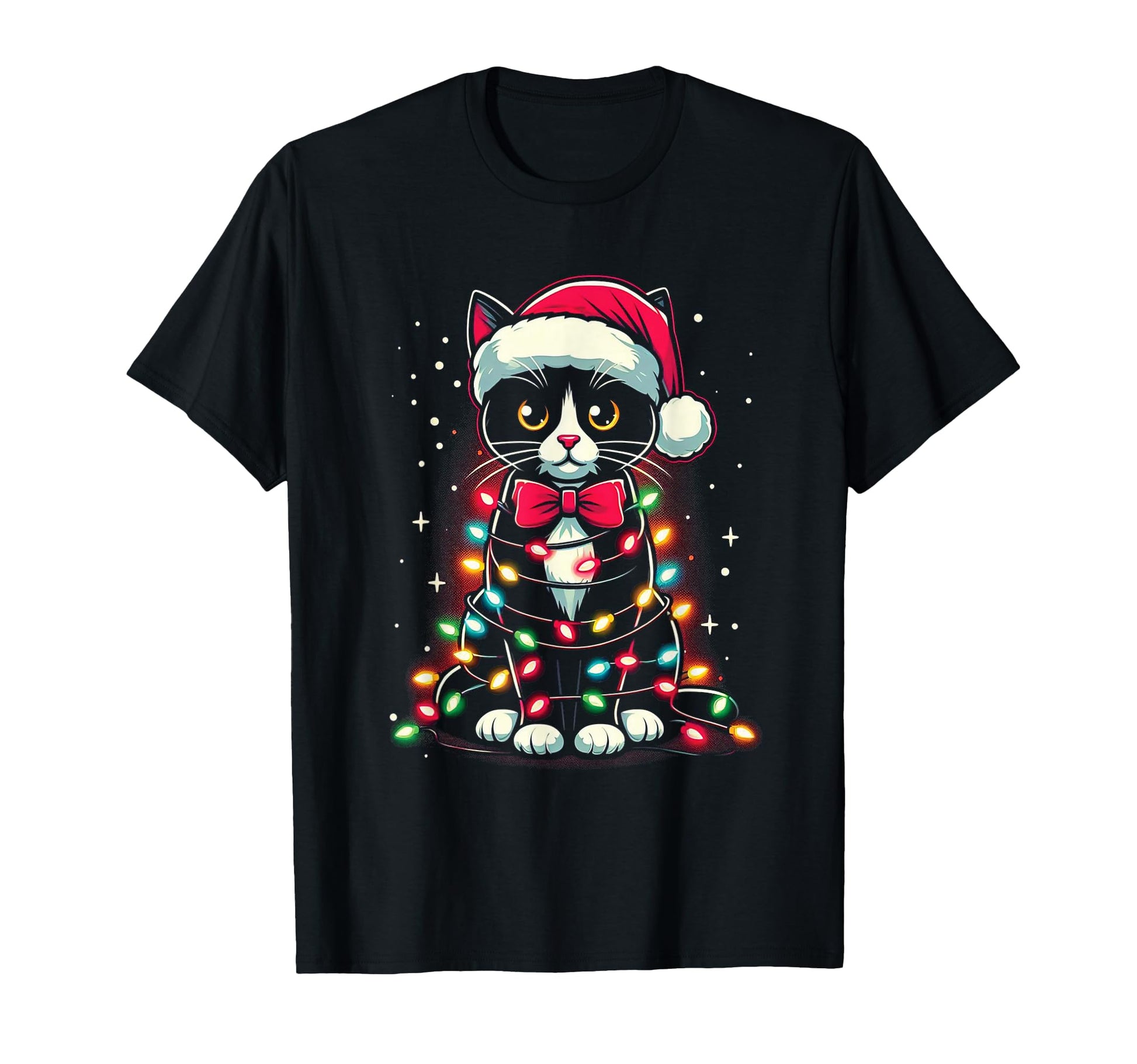 Tuxedo Cat Kitten Santa Hat Lights T-Shirt - Minimalist Print for Adults - T-Shirt, Sweatshirt, Hoodie