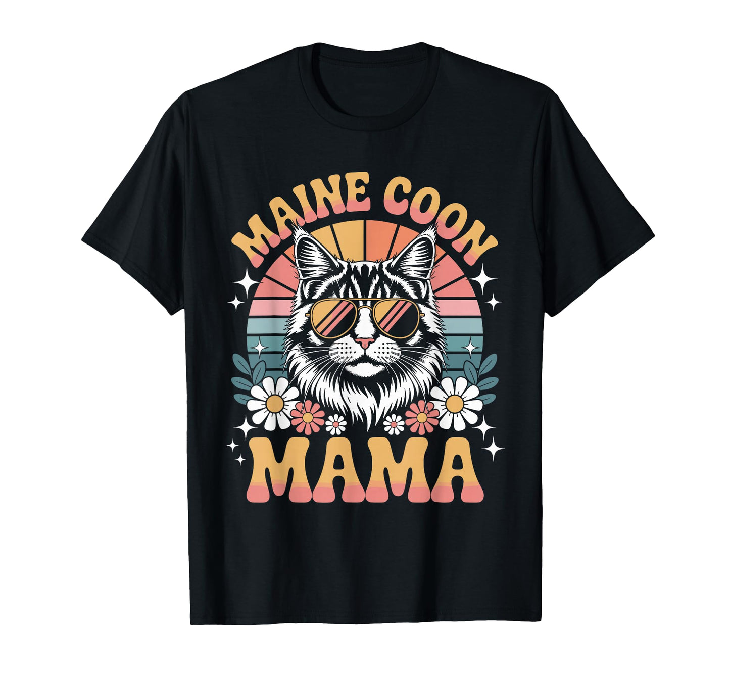 Maine Coon Cat Mama Floral 60S 70S T-Shirt - Graphic Print for Adults - T-Shirt, Sweatshirt, Hoodie