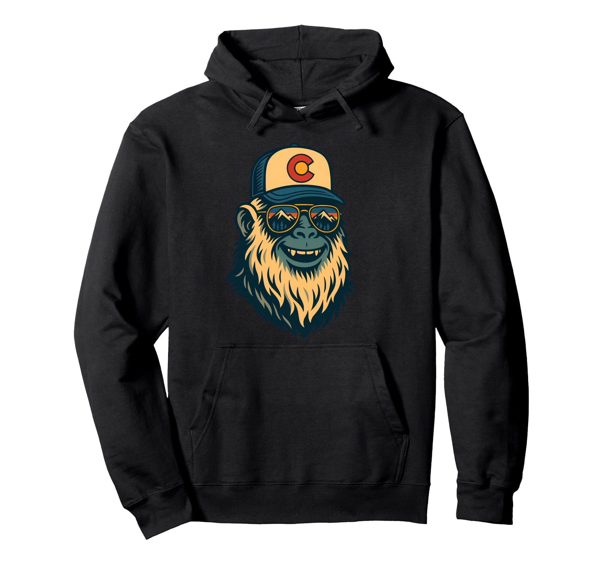Colorado Yeti Wearing Trucker Hat Mountain Hoodie - Trendy Graphic Unisex - T-Shirt, Sweatshirt, Hoodie