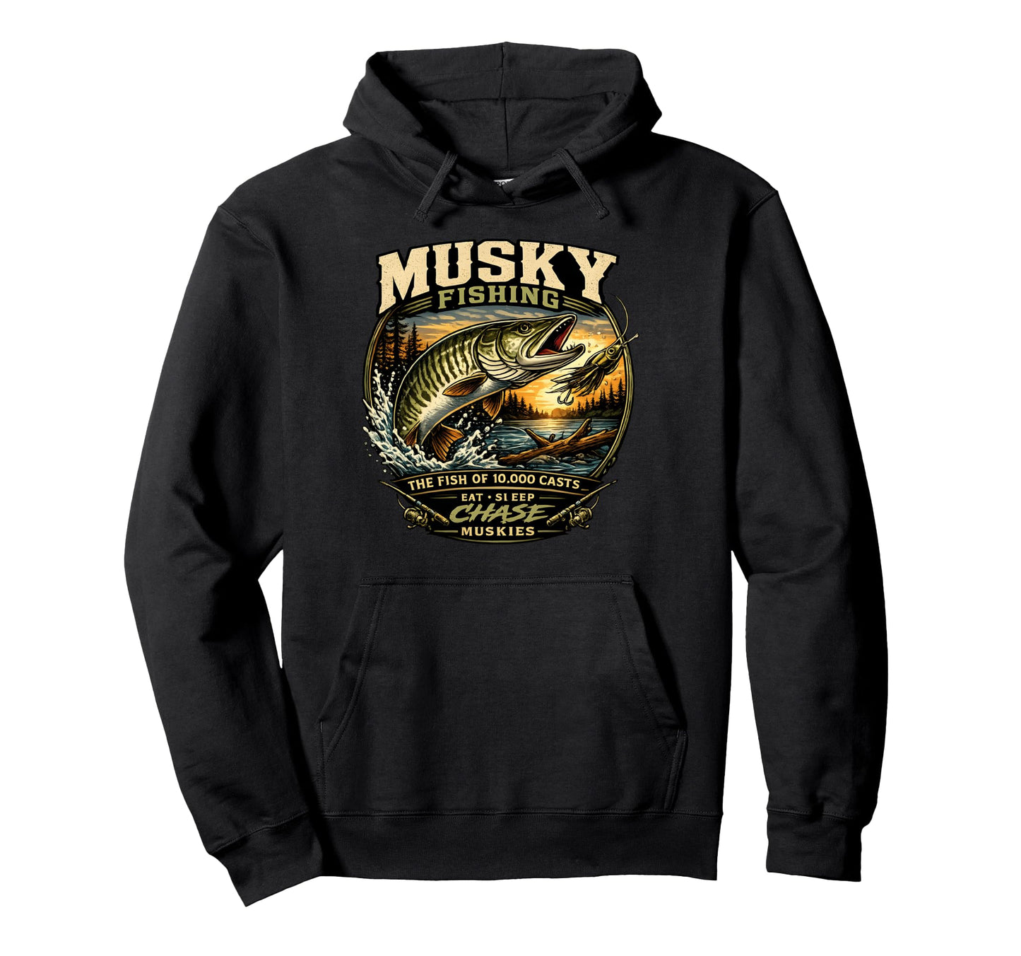 Musky Fishing Fish 10000 Casts Eat Sleep Hoodie - Graphic Print Unisex - T-Shirt, Sweatshirt, Hoodie
