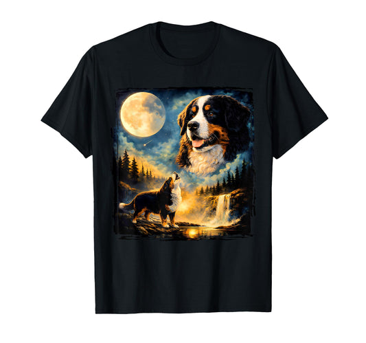 90S Bernese Mountain Dog Howling Moon T-Shirt - Aesthetic Graphic Unisex - T-Shirt, Sweatshirt, Hoodie