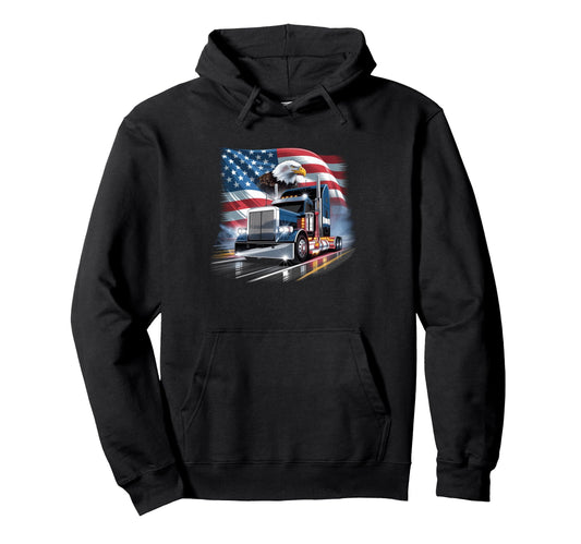 American Flag Trucker Dad Big Rig Trailer Usa Hoodie - Graphic Print Unisex - T-Shirt, Sweatshirt, Hoodie