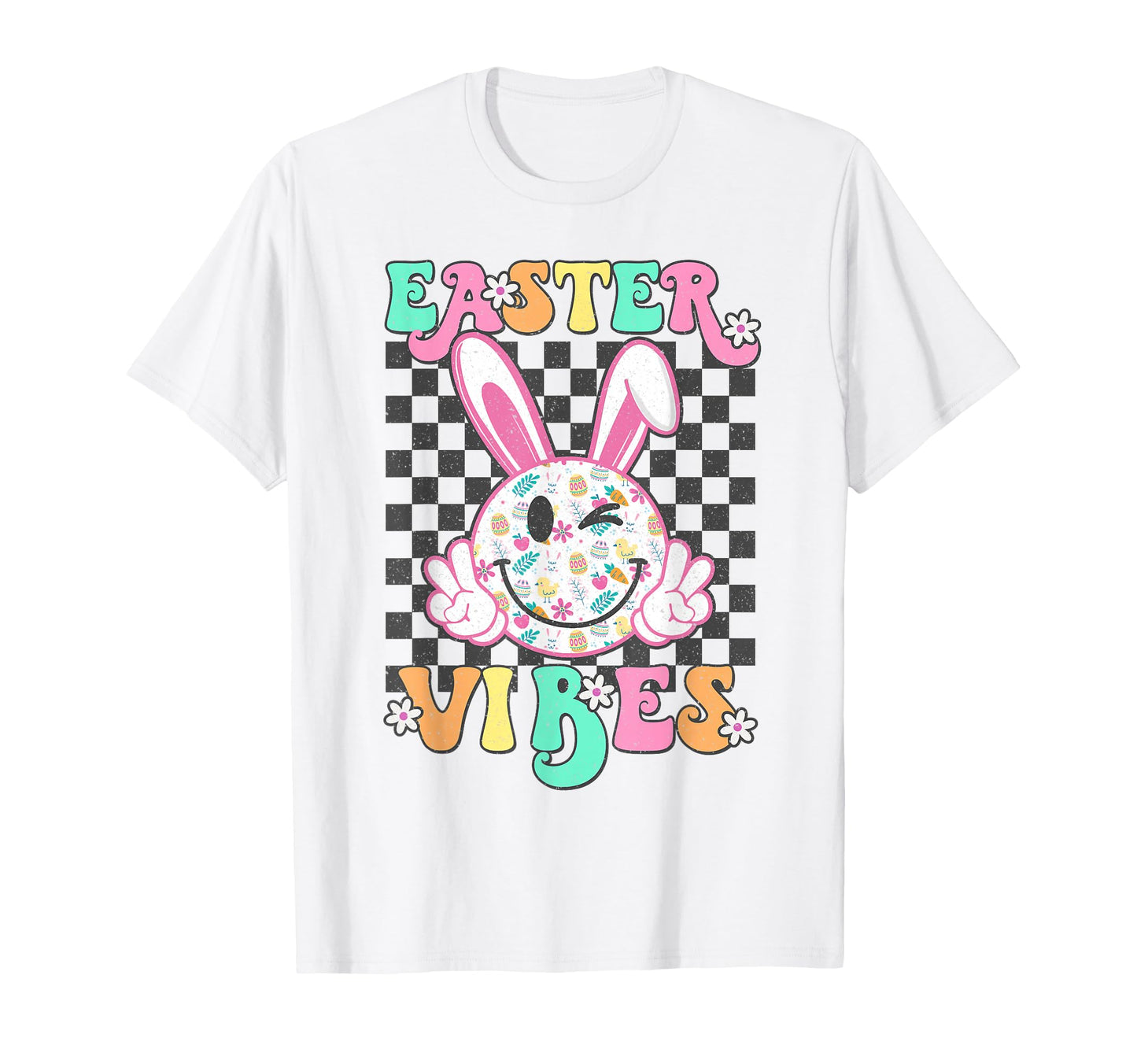 Groovy Easter Vibes Bunny Checkered T-Shirt - Minimalist Print Men Women - T-Shirt, Sweatshirt, Hoodie