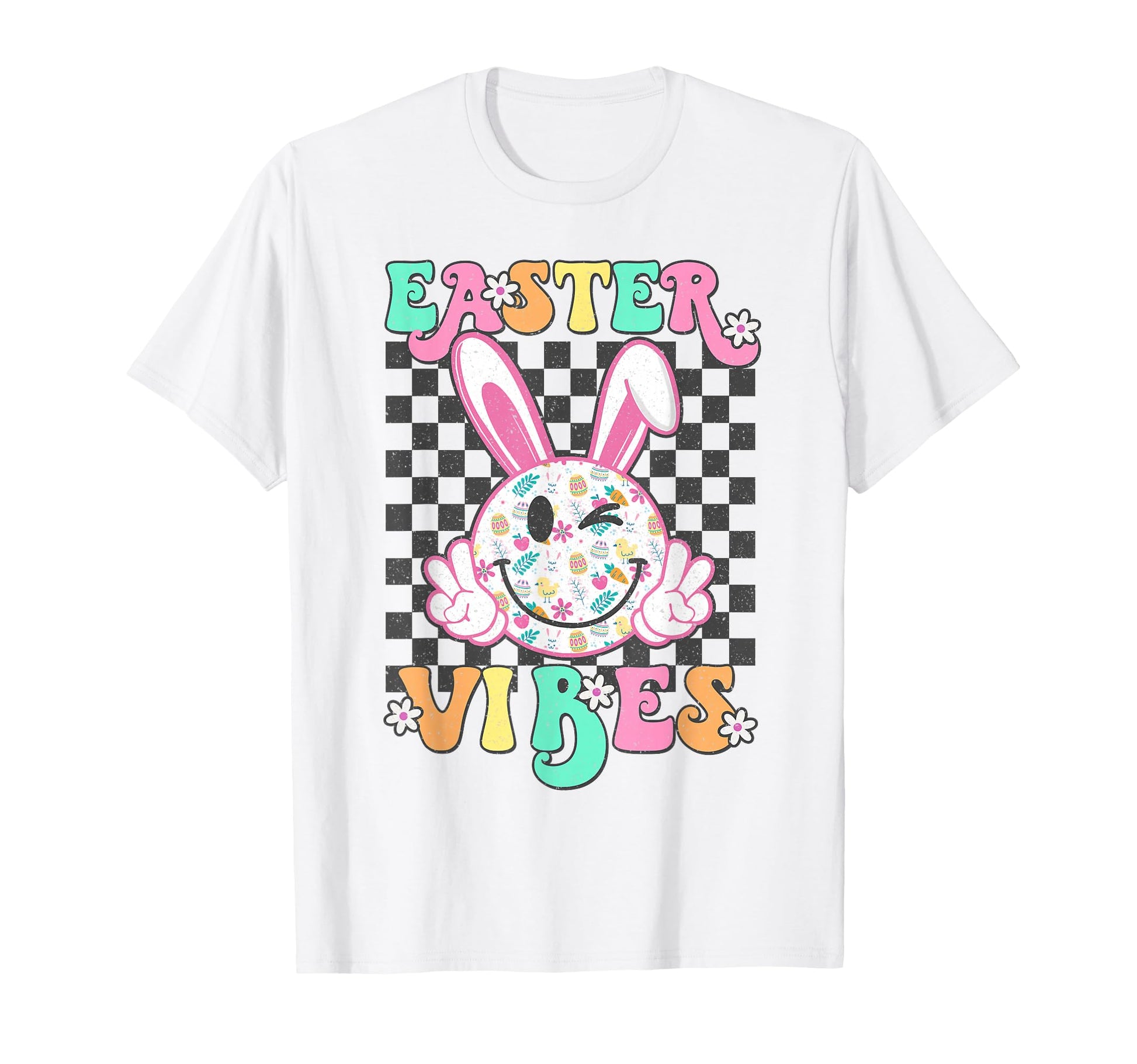 Groovy Easter Vibes Bunny Checkered T-Shirt - Minimalist Print Men Women - T-Shirt, Sweatshirt, Hoodie