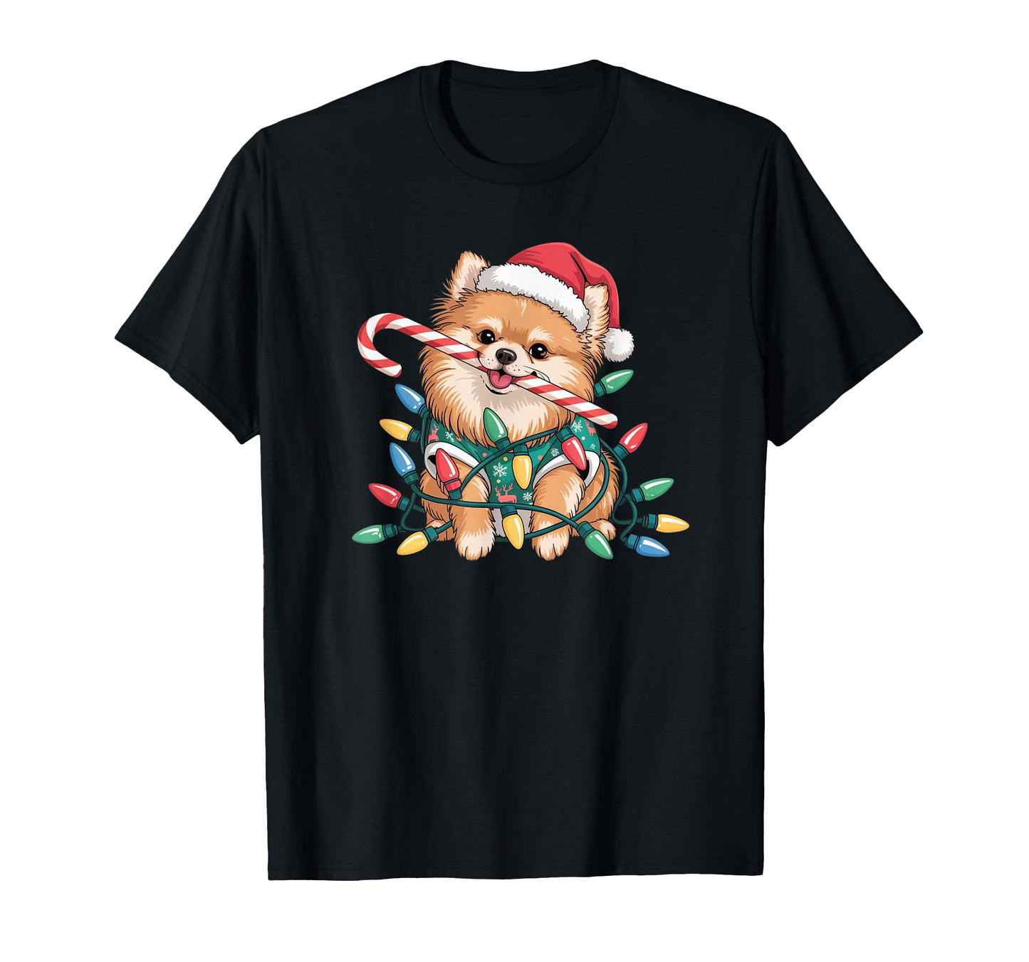 Pomeranian Puppy Lights Santa Hat Candy T-Shirt - Graphic Print Men Women - T-Shirt, Sweatshirt, Hoodie
