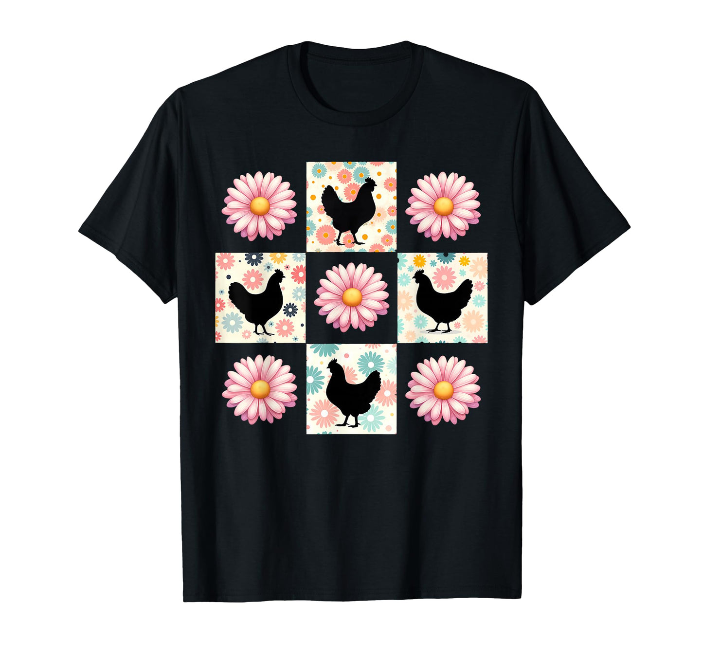 Checkerboard Chicken Daisy Flower T-Shirt - Novelty Apparel Unisex - T-Shirt, Sweatshirt, Hoodie