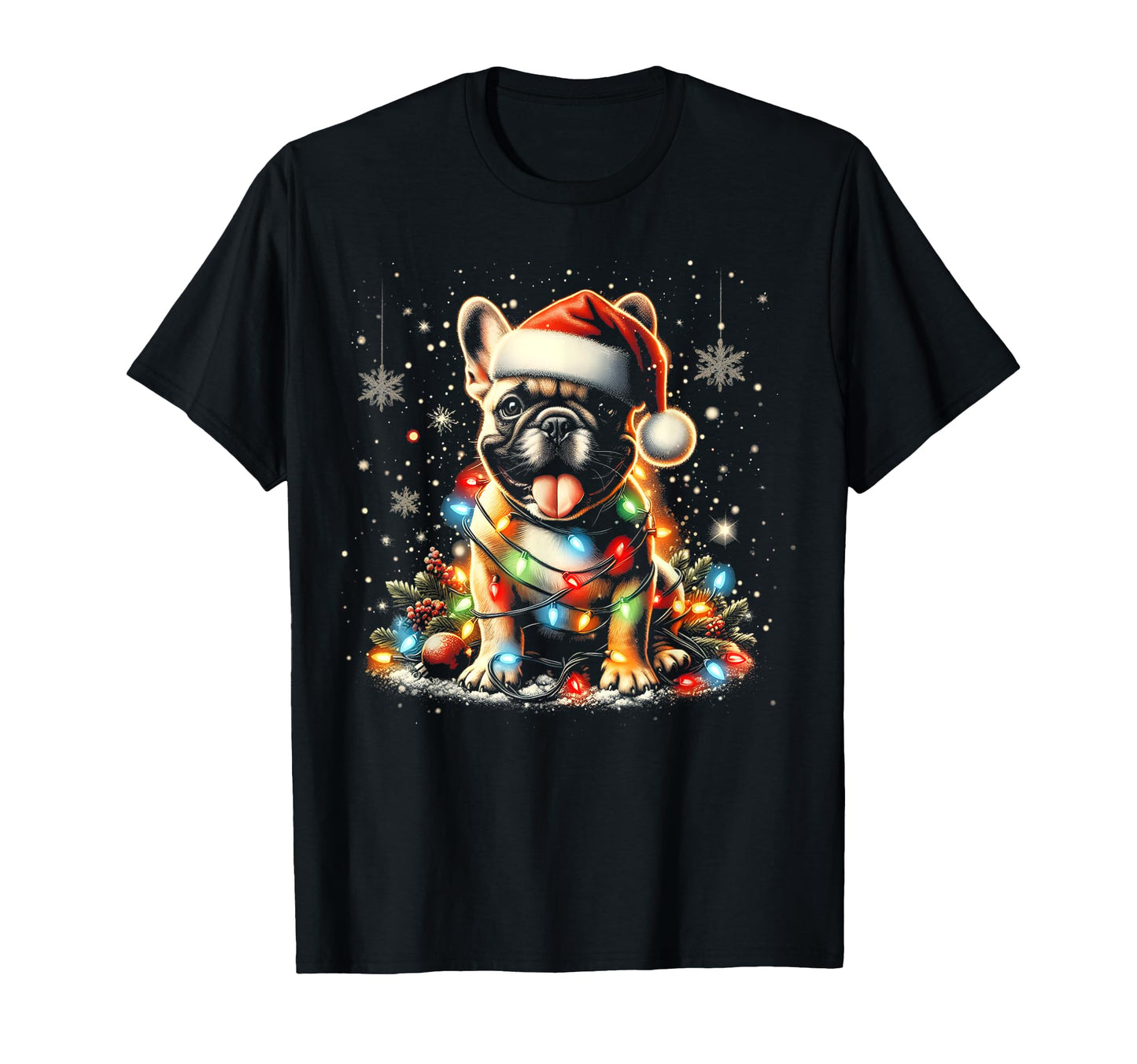Frenchie French Bulldog Santa Hat Lights T-Shirt - Graphic Print Men Women - T-Shirt, Sweatshirt, Hoodie