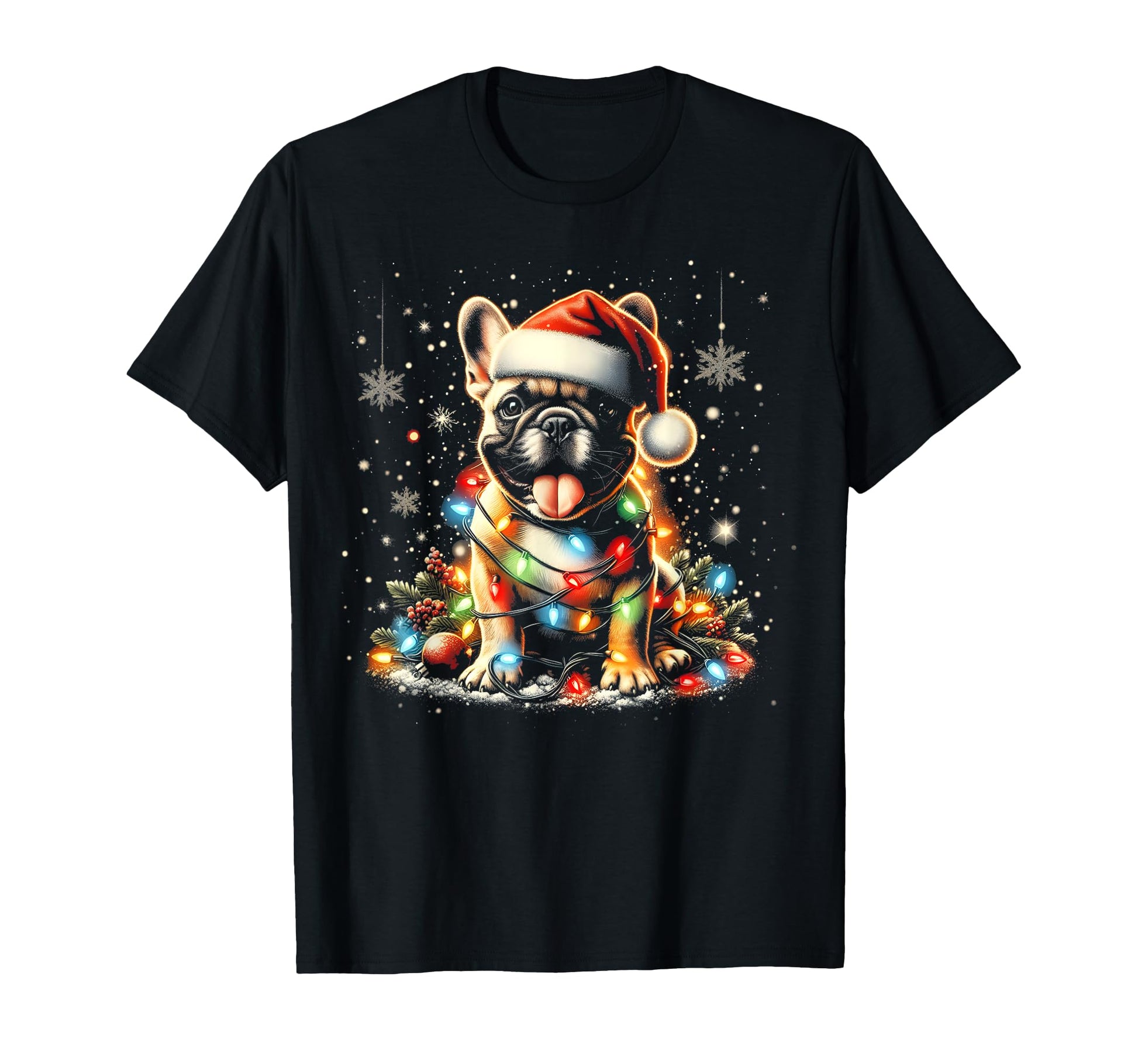 Frenchie French Bulldog Santa Hat Lights T-Shirt - Graphic Print Men Women - T-Shirt, Sweatshirt, Hoodie