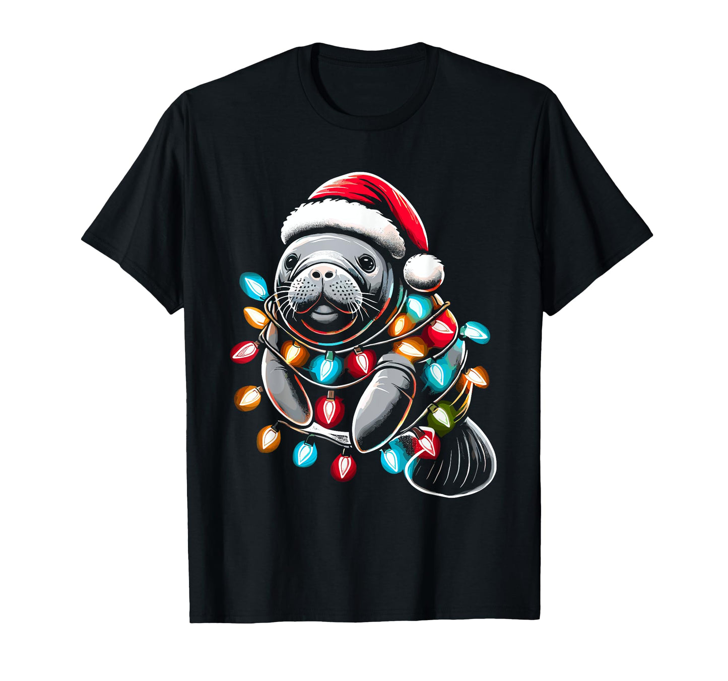 Manatee Santa Hat Lights Pajama Funny T-Shirt - Casual Everyday Wear Unisex - T-Shirt, Sweatshirt, Hoodie