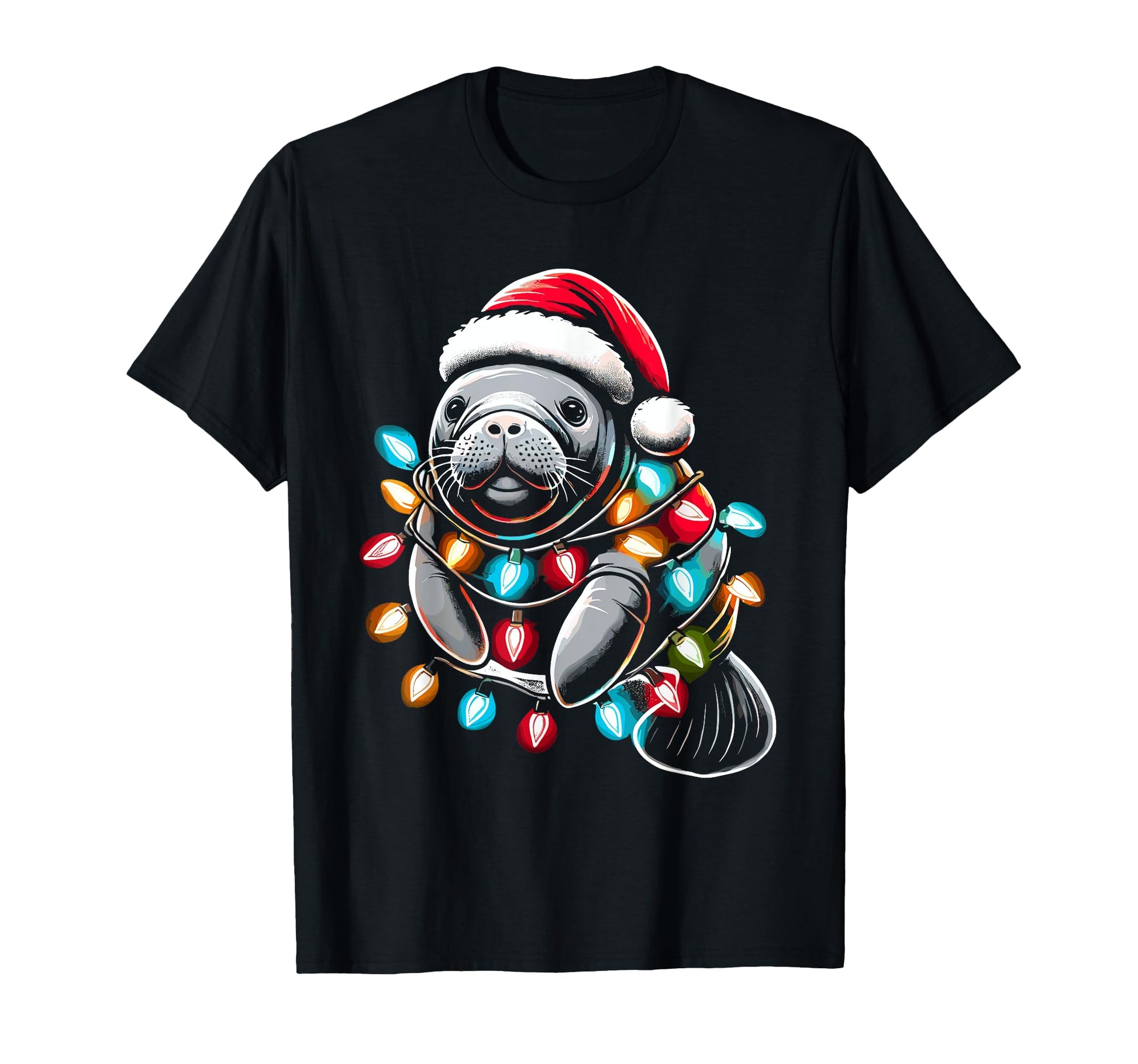 Manatee Santa Hat Lights Pajama Funny T-Shirt - Casual Everyday Wear Unisex - T-Shirt, Sweatshirt, Hoodie