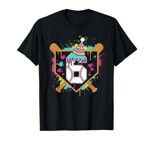 6Th Birthday Baseball Drip Number 6 T-Shirt - Aesthetic Graphic Unisex - T-Shirt, Sweatshirt, Hoodie