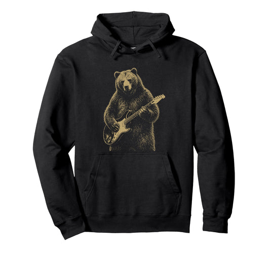 Bear Playing Electric Guitar Rocker Hoodie - Casual Everyday Wear Men Women - T-Shirt, Sweatshirt, Hoodie