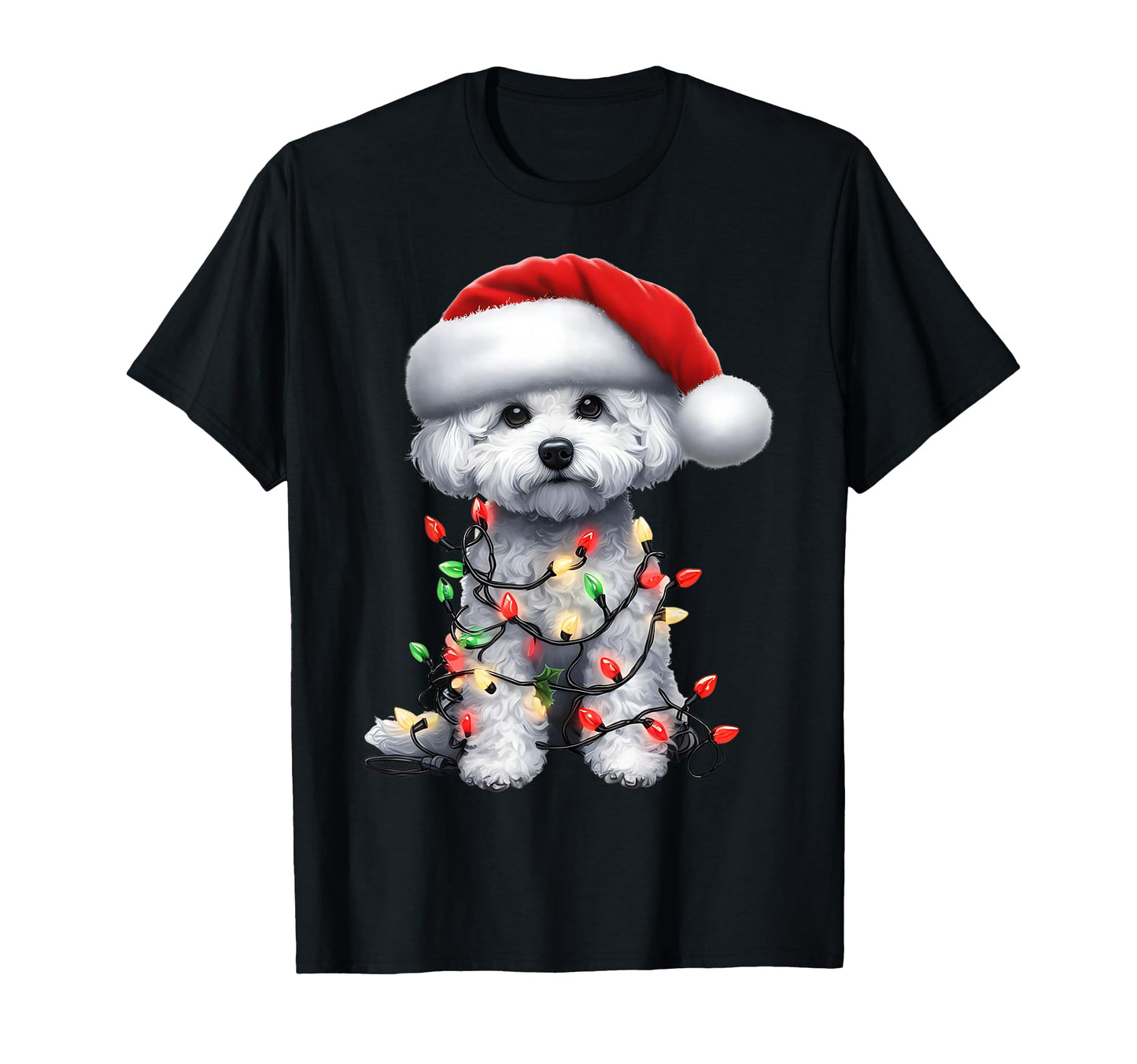 Bichon Frise Dog Lights Santa Hat T-Shirt - Casual Everyday Wear Men Women - T-Shirt, Sweatshirt, Hoodie
