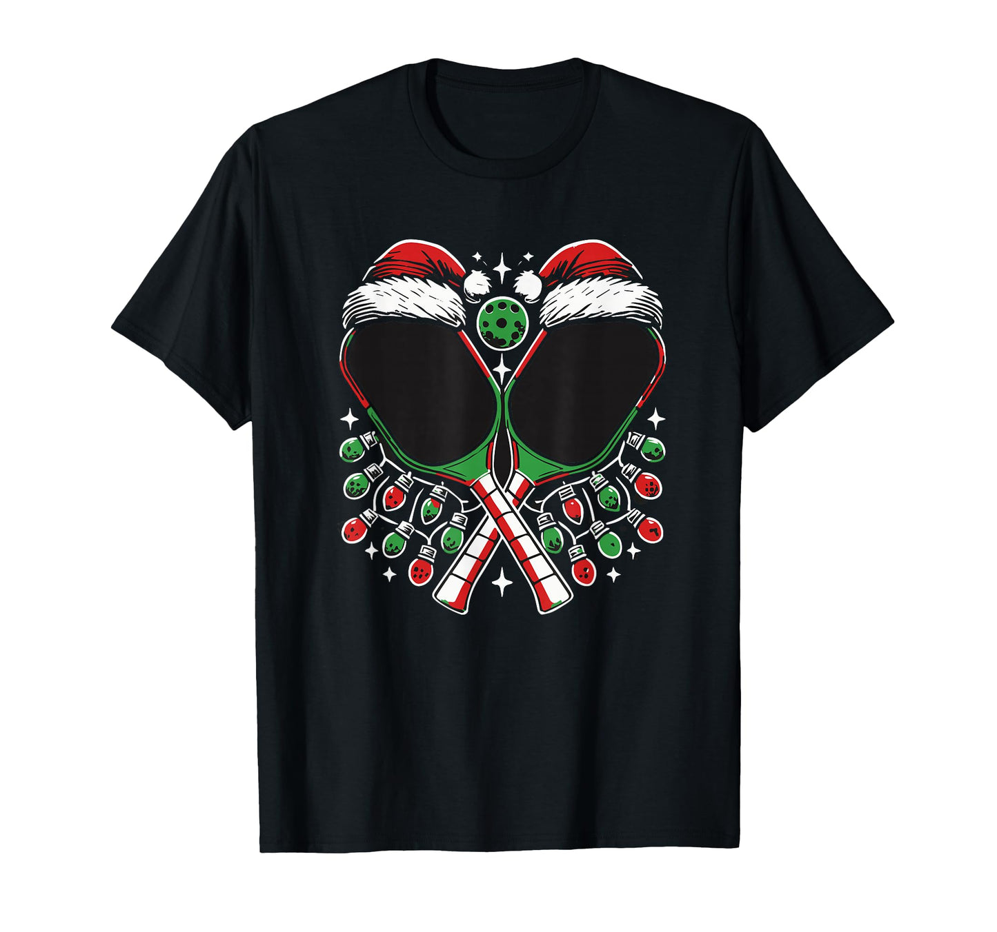 Pickleball Paddle Santa Hat Lights T-Shirt - Custom Art Print Unisex - T-Shirt, Sweatshirt, Hoodie