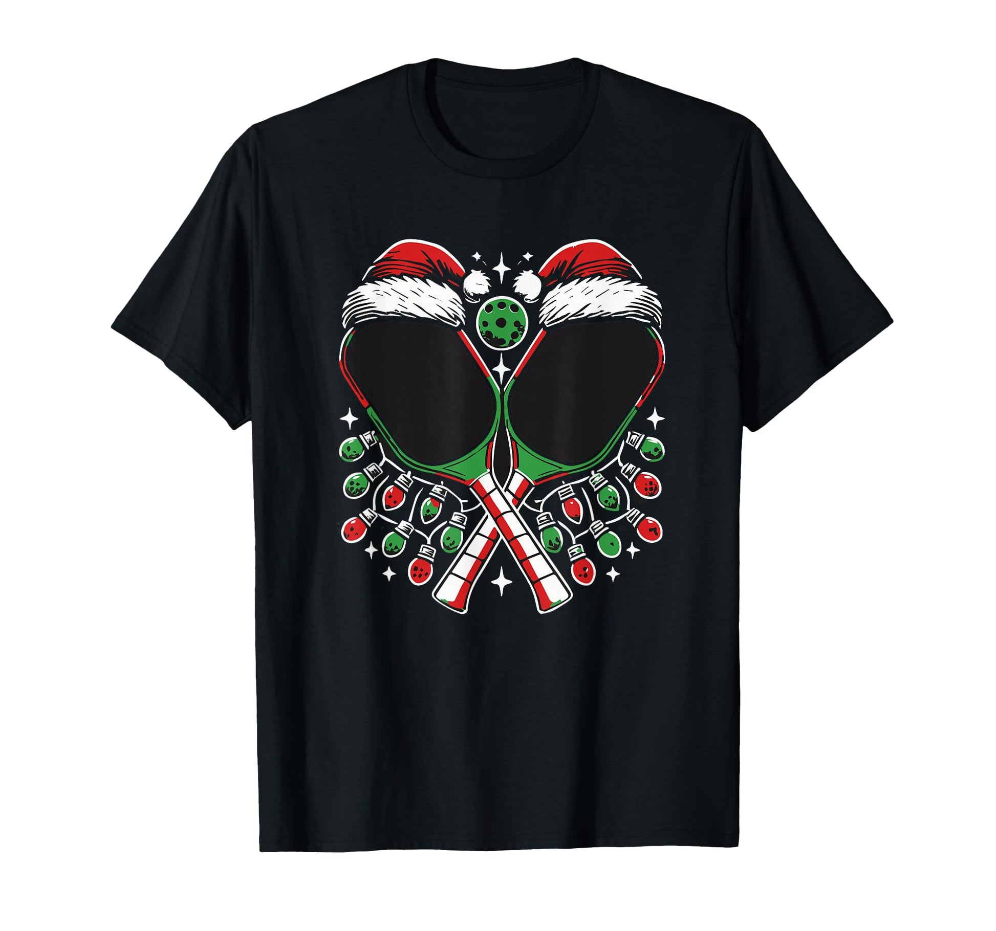Pickleball Paddle Santa Hat Lights T-Shirt - Custom Art Print Unisex - T-Shirt, Sweatshirt, Hoodie