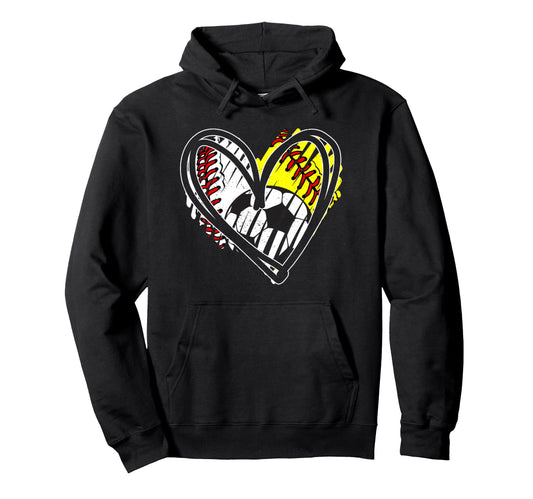 Baseball Softball Soccer Ball Heart Hoodie - Fun Novelty Design for Adults - T-Shirt, Sweatshirt, Hoodie
