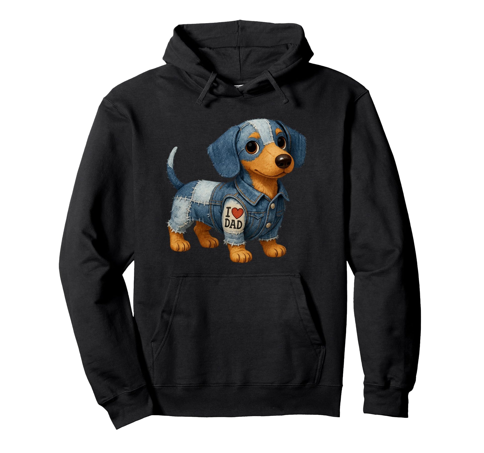 Dachshund Denim Patches I Heart Love Dad Hoodie - Custom Art Print Unisex - T-Shirt, Sweatshirt, Hoodie