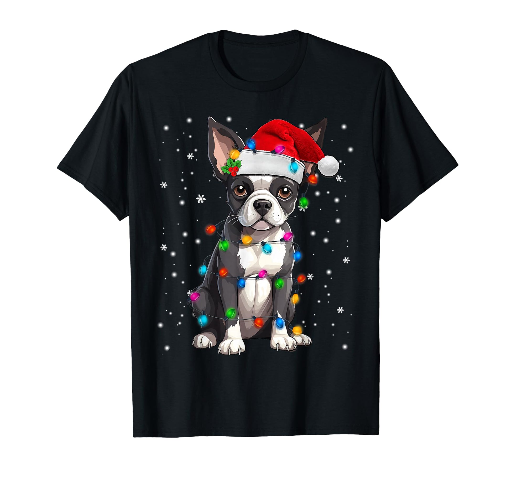 Boston Terrier Santa Hat Tree Lights T-Shirt - Minimalist Print Unisex - T-Shirt, Sweatshirt, Hoodie