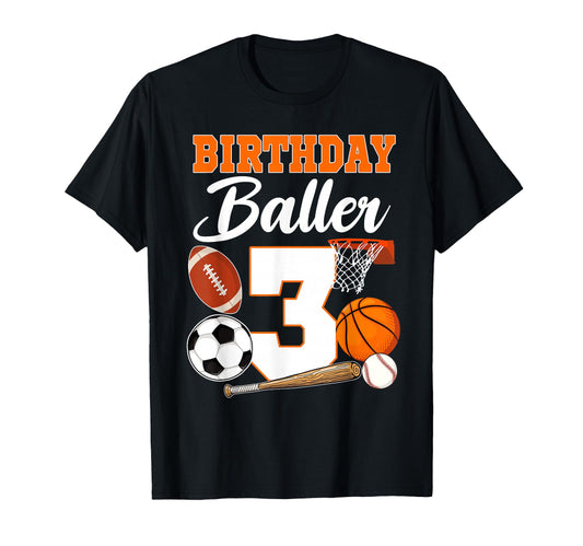 3Rd Birthday Sport Balls Theme 3 Year Old T-Shirt - Graphic Print Unisex - T-Shirt, Sweatshirt, Hoodie