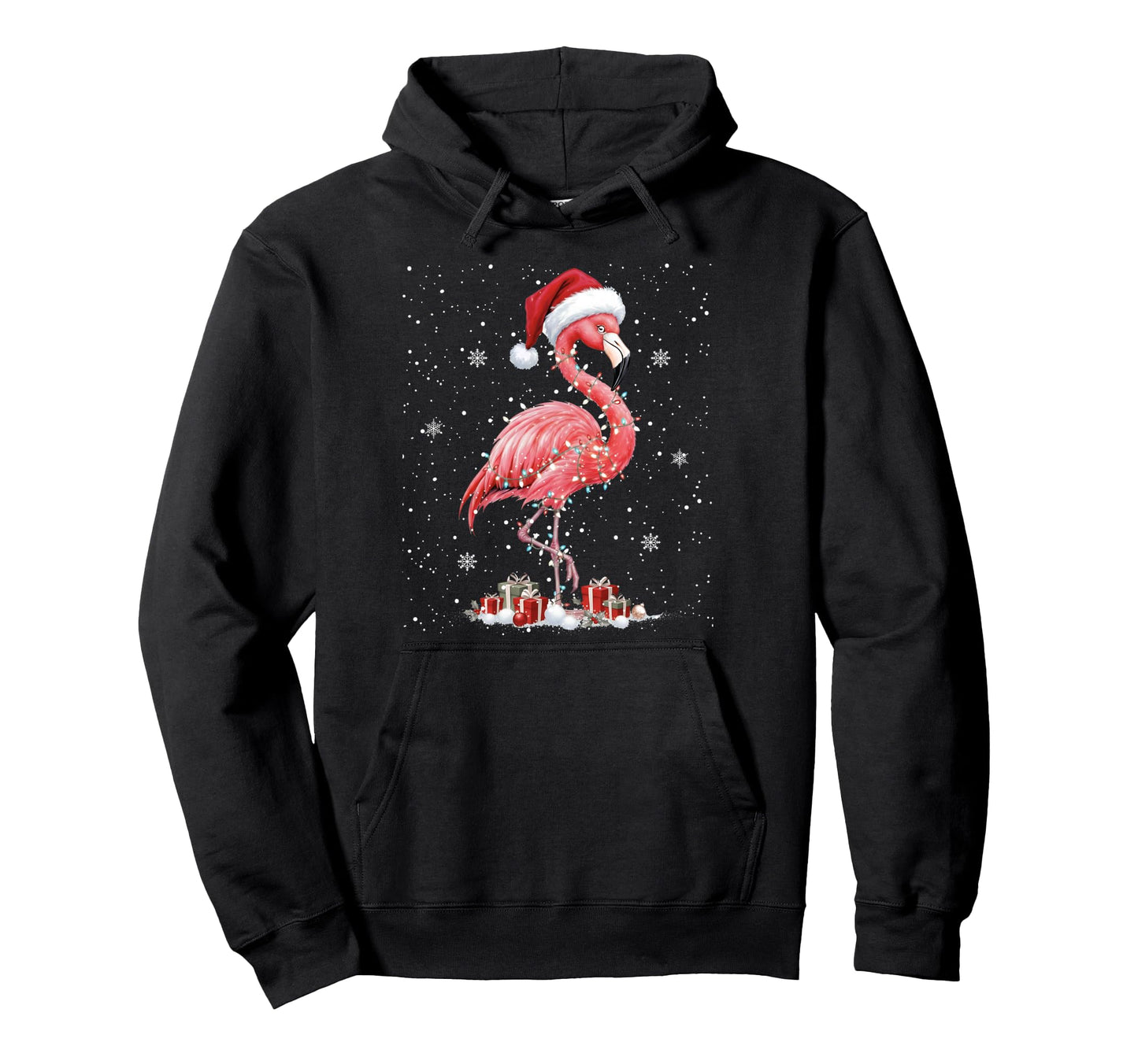 Merry Hat Santa Flamingo Light Hoodie - Unique Graphic Men Women - T-Shirt, Sweatshirt, Hoodie