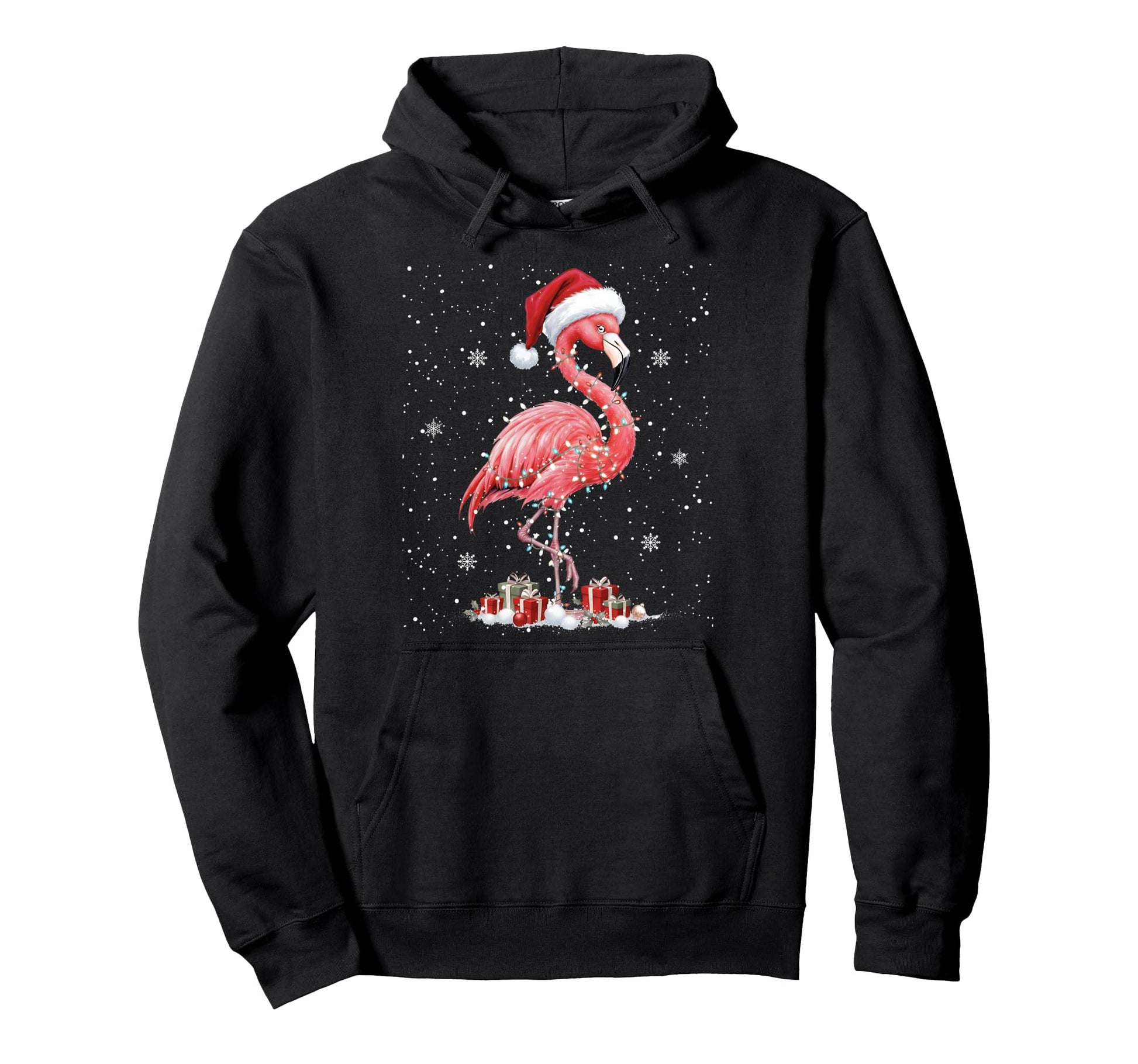 Merry Hat Santa Flamingo Light Hoodie - Unique Graphic Men Women - T-Shirt, Sweatshirt, Hoodie
