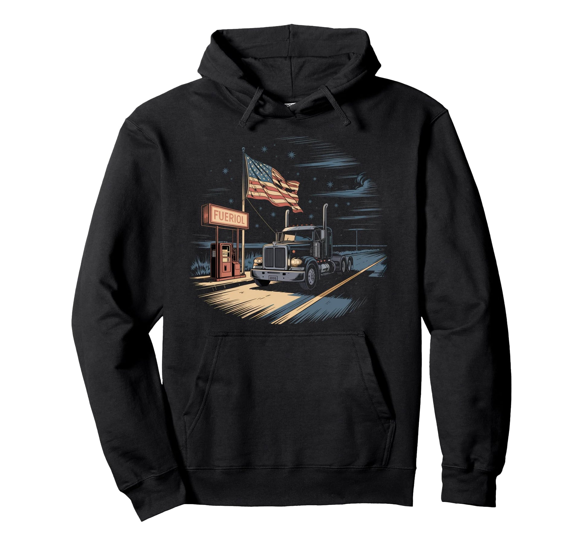 American Flag Trucker Dad Big Rig Trailer Hoodie - Trendy Graphic Unisex - T-Shirt, Sweatshirt, Hoodie