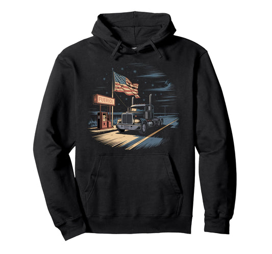 American Flag Trucker Dad Big Rig Trailer Hoodie - Trendy Graphic Unisex - T-Shirt, Sweatshirt, Hoodie