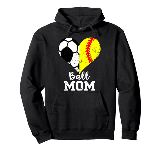 Ball Mom Heart Funny Softball Soccer Hoodie - Casual Everyday Wear Unisex - T-Shirt, Sweatshirt, Hoodie