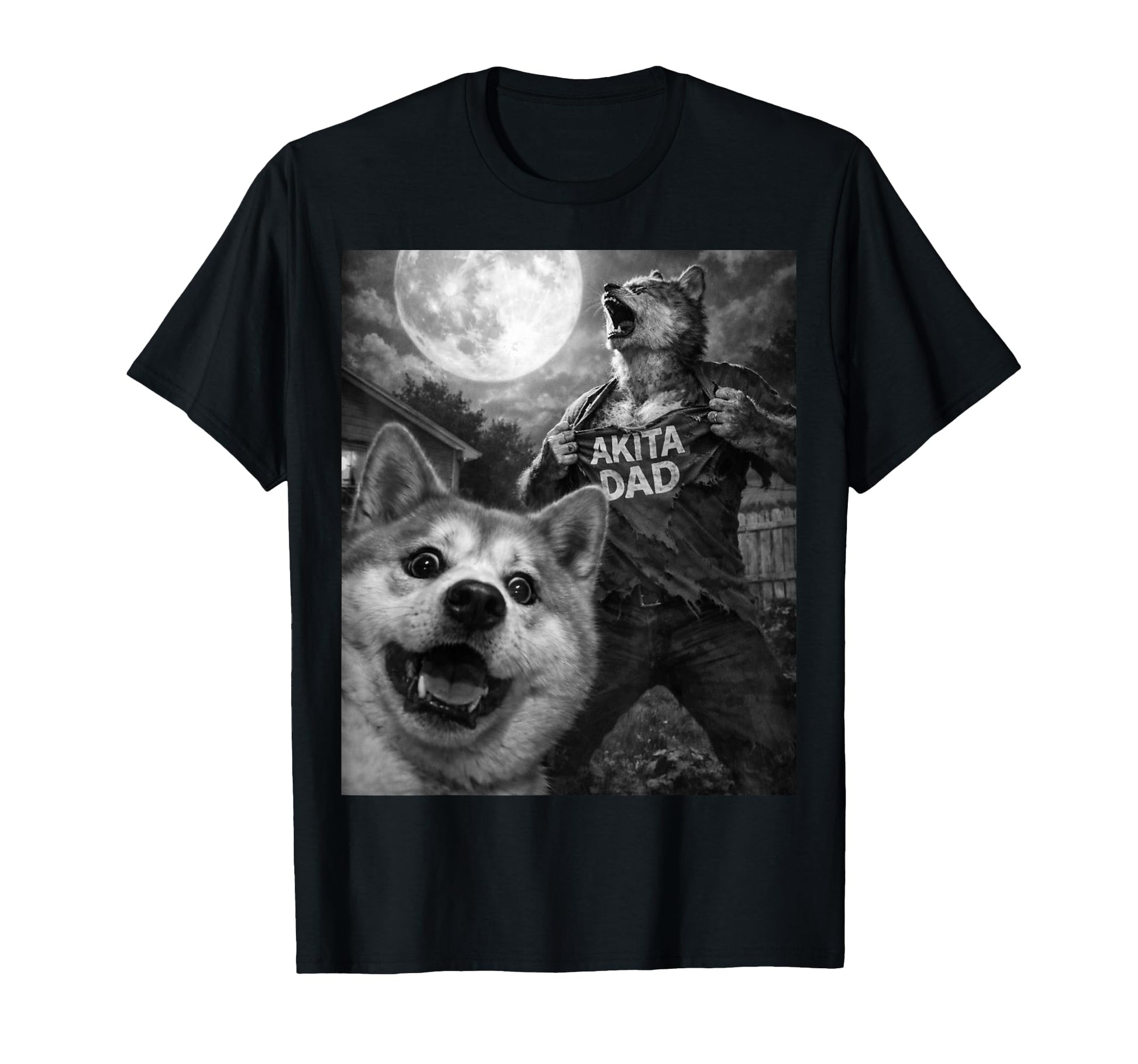 Akita Dad Funny Horror Mens Moon Selfie T-Shirt - Unique Graphic for Adults - T-Shirt, Sweatshirt, Hoodie