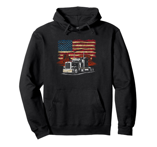 American Flag Trucker Dad Big Rig Trailer Hoodie - Trendy Graphic Unisex - T-Shirt, Sweatshirt, Hoodie