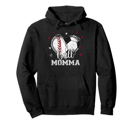 Ball Momma Baseball Soccer Heart Hoodie - Fun Novelty Design for Adults - T-Shirt, Sweatshirt, Hoodie
