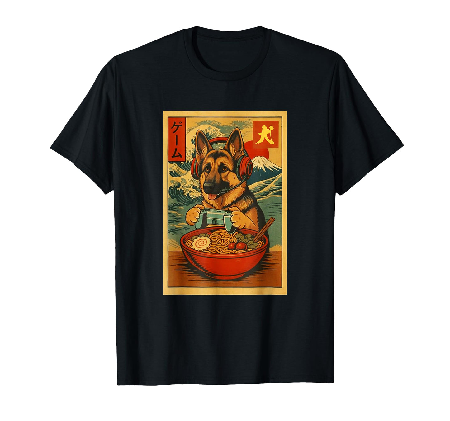 German Shepherd Gaming Ramen Ukiyo E T-Shirt - Streetwear Style Men Women - T-Shirt, Sweatshirt, Hoodie