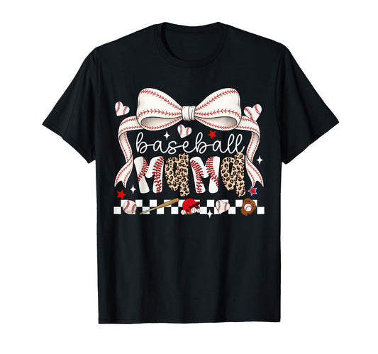 Baseball Mama Game Day Leopard Bow T-Shirt - Novelty Apparel for Adults - T-Shirt, Sweatshirt, Hoodie