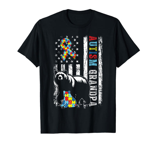 Autism Grandpa Bear Puzzles Usa Flag T-Shirt - Casual Everyday Wear Unisex - T-Shirt, Sweatshirt, Hoodie