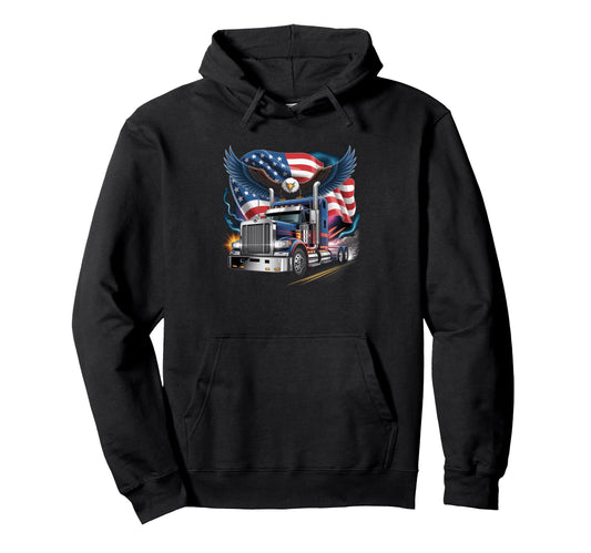 American Flag Trucker Dad Big Rig Hoodie - Fun Novelty Design Men Women - T-Shirt, Sweatshirt, Hoodie